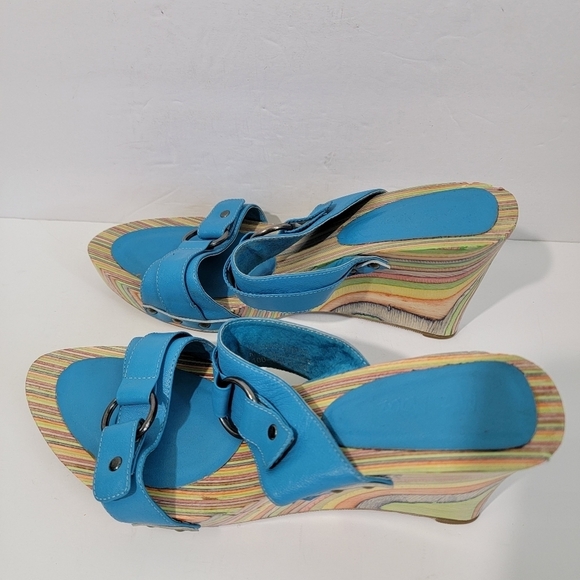 MIZ MOOZ Women's Blue Torquise Marble Rainbow Wedges Sandals Sz 40 Leather - Picture 1 of 12